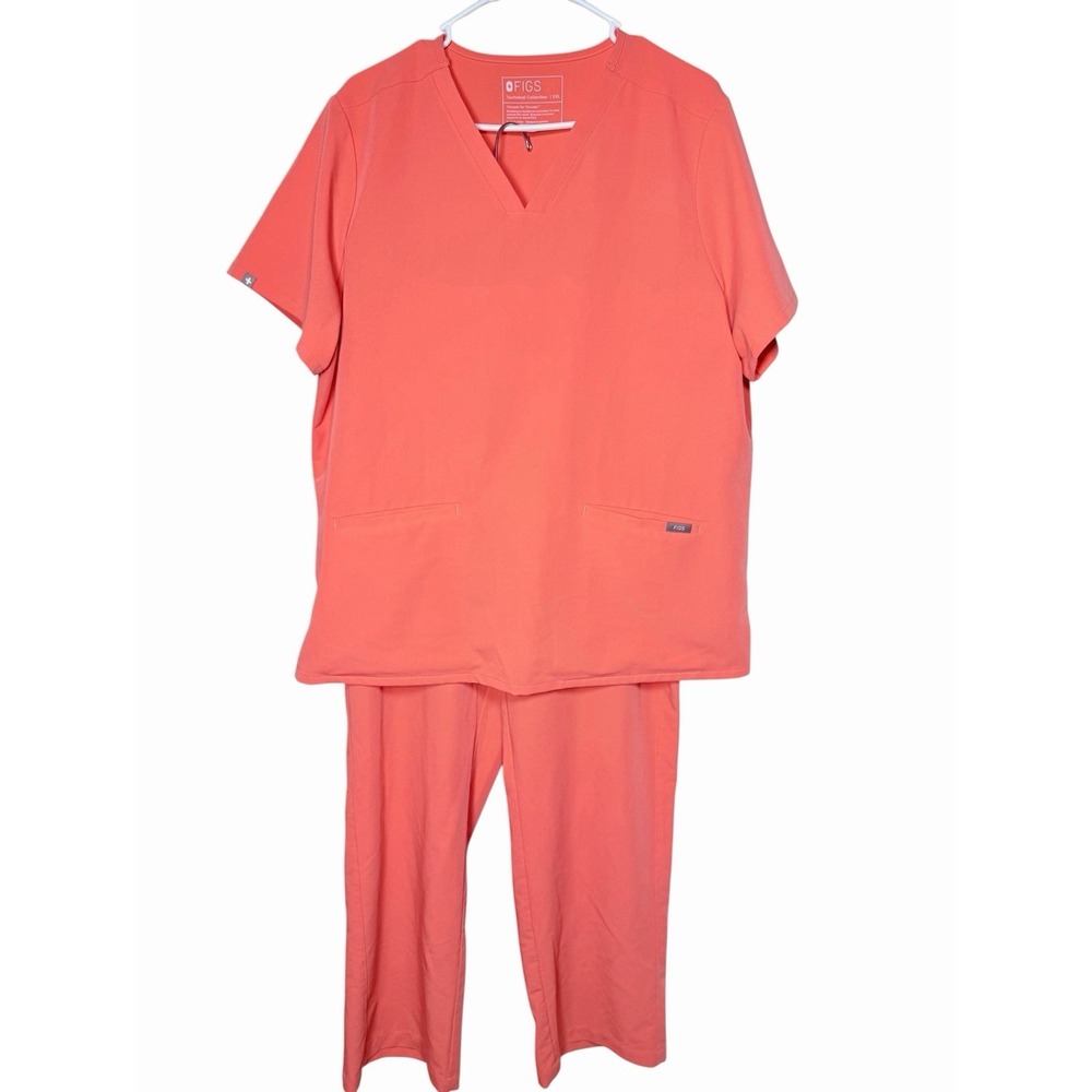 FIGS Plus Hot Coral Casma Scrub Top XXL Isabel Wide Leg Pants XL Stretch‎ Set